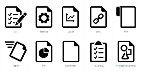 A set of 10 File icons as list, settings, graph