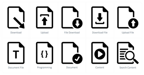 A set of 10 File icons as download, upload, file download