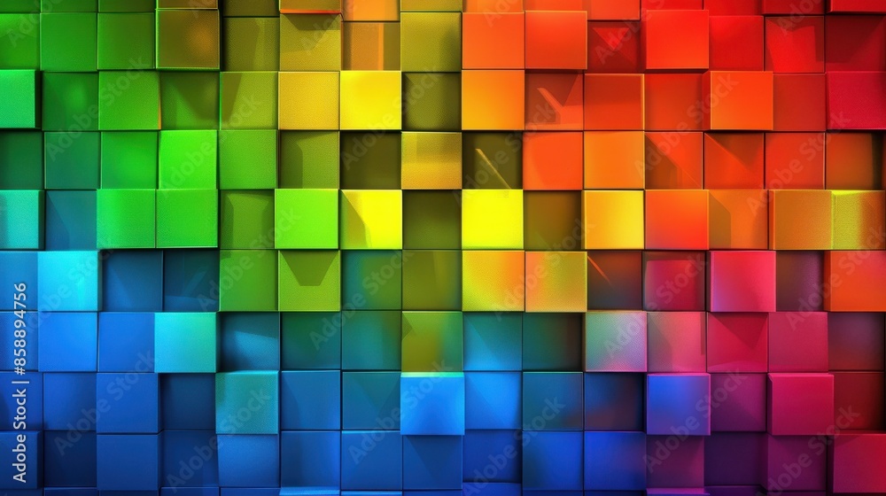 Poster a colorful wall made of blocks with a rainbow pattern. the blocks are of different colors and sizes,