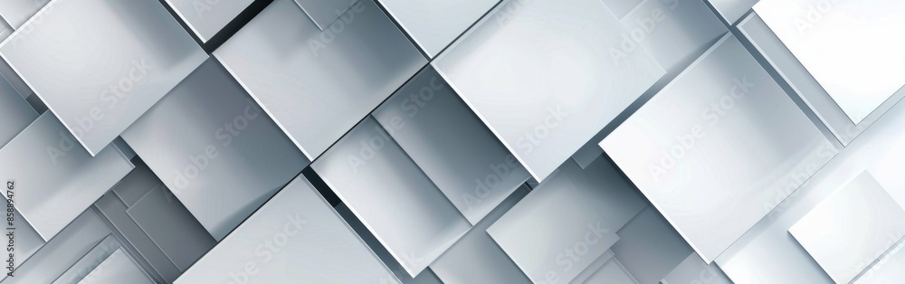 Poster a white background with squares of different sizes. the squares are all white and are arranged in a 