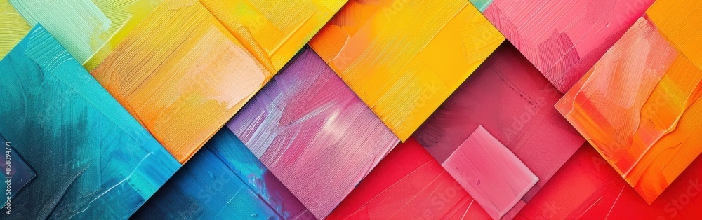 Poster A colorful painting with a rainbow of colors and a few squares of different colors. The painting is a mix of different colors and shapes, creating a vibrant and lively atmosphere