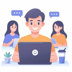 Fototapeta premium Professional young man working on laptop at home modern vector illustration