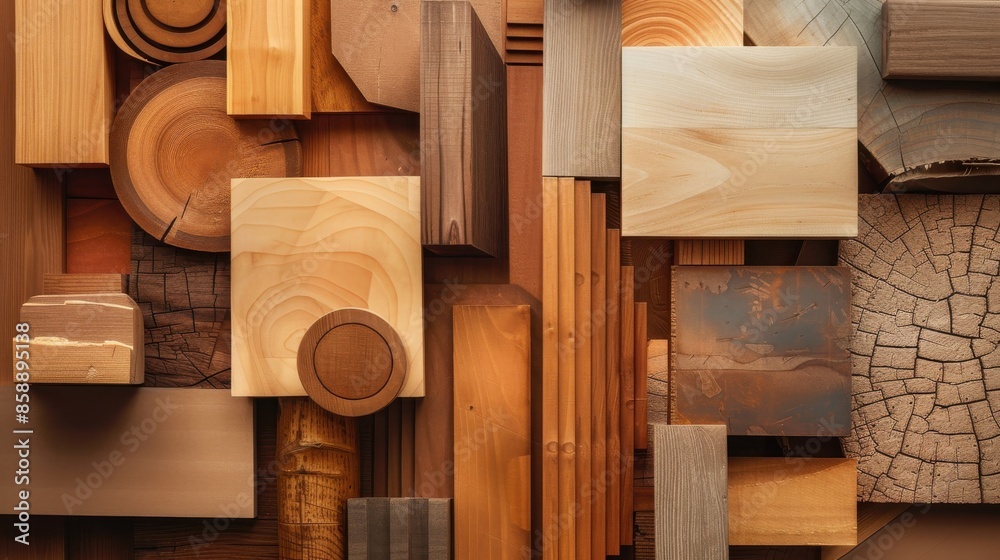 Poster a collage of wood pieces with a rustic, natural feel. the different shapes and sizes of the wood pie