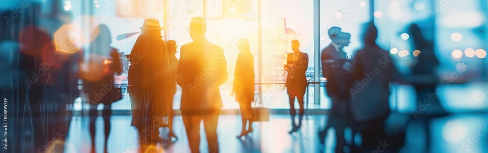 Poster a group of people are standing in a room with a window. the people are wearing suits and ties, and t