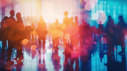 A group of people walking in a mall with a blurry background. The people are walking in a line and some of them are carrying handbags. The scene has a busy and bustling atmosphere