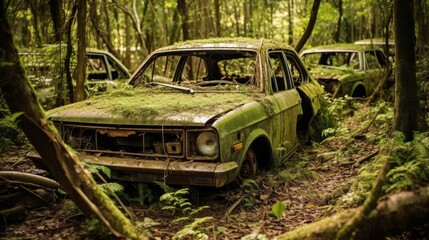 Abandoned car graveyard eerie scene.