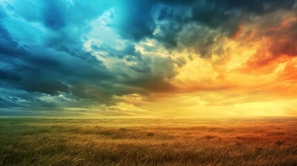 Vast field under a dramatic sky with a gradient from blue to orange, indicating an impending storm or sunset.