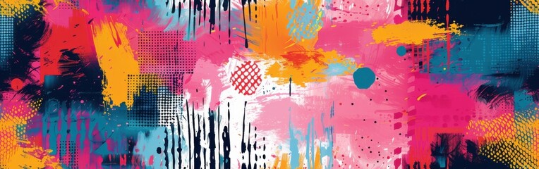 A vibrant abstract background design featuring colorful paint splatters, strokes, and dots. The image is dominated by shades of pink, blue, yellow, and orange, creating a dynamic and energetic feel. T