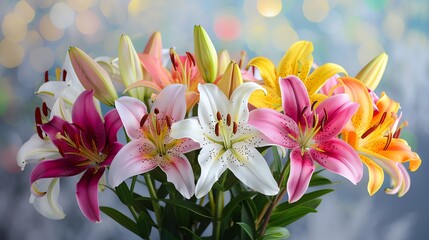 A close-up of a bouquet of colorful lilies.