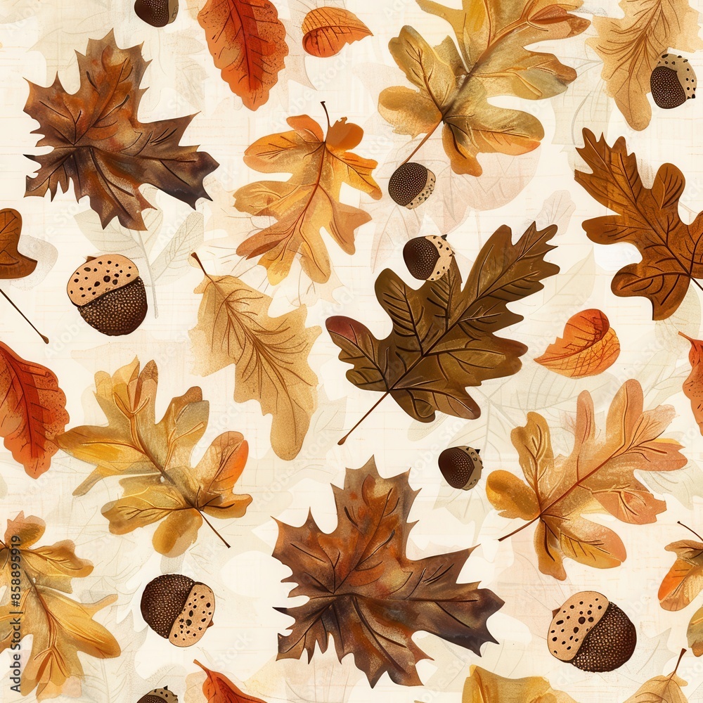 Poster this image is a seamless pattern featuring watercolor illustrations of autumn leaves and acorns. the