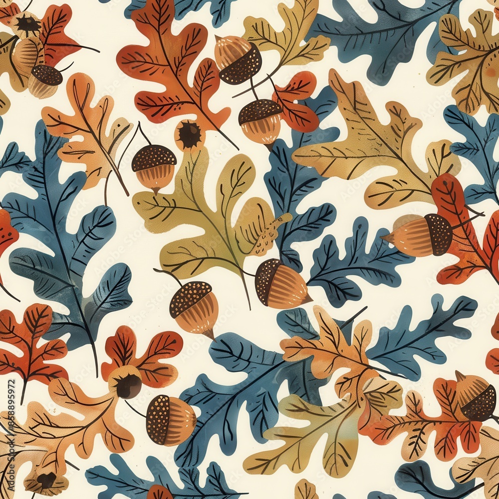 Poster this image is a seamless pattern featuring colorful watercolor illustrations of oak leaves and acorn