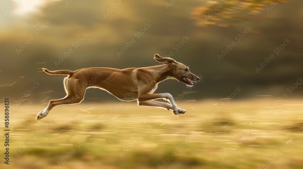 Poster a dog is running in a field with its tail wagging. the dog is brown and white