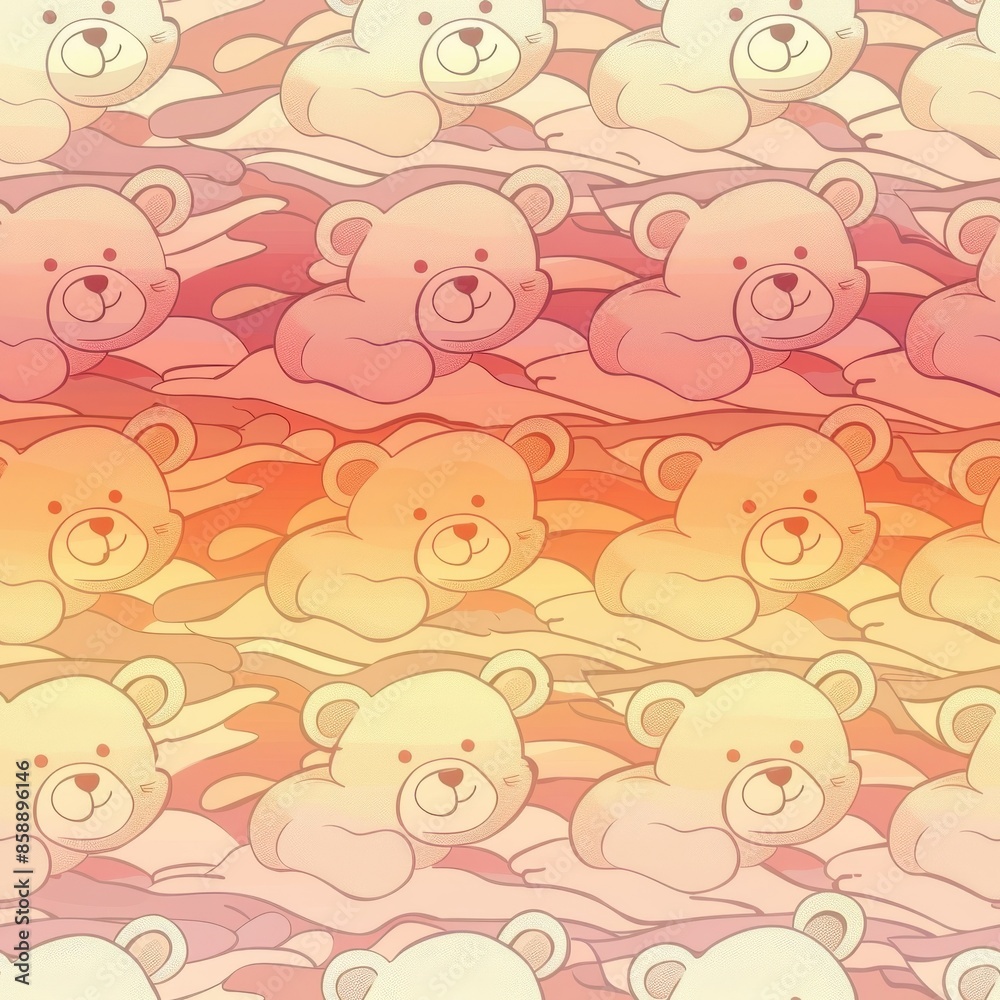 Poster this image features a seamless pattern of cartoon teddy bears in a pink, orange, and yellow gradient