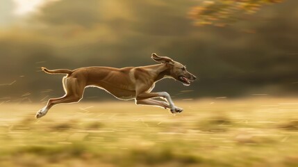 Fototapeta premium A dog is running in a field with its tail wagging. The dog is brown and white