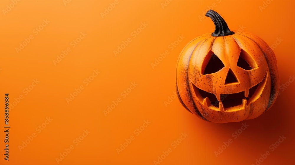 Poster A carved jack-o-lantern with a toothy grin sits on a bright orange background. The pumpkin is centered in the right half of the frame, leaving space on the left for text or other design elements. This