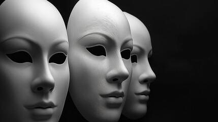 Three white masks arranged in a row against a dark background, each with an expressionless face, symbolizing anonymity and uniformity.