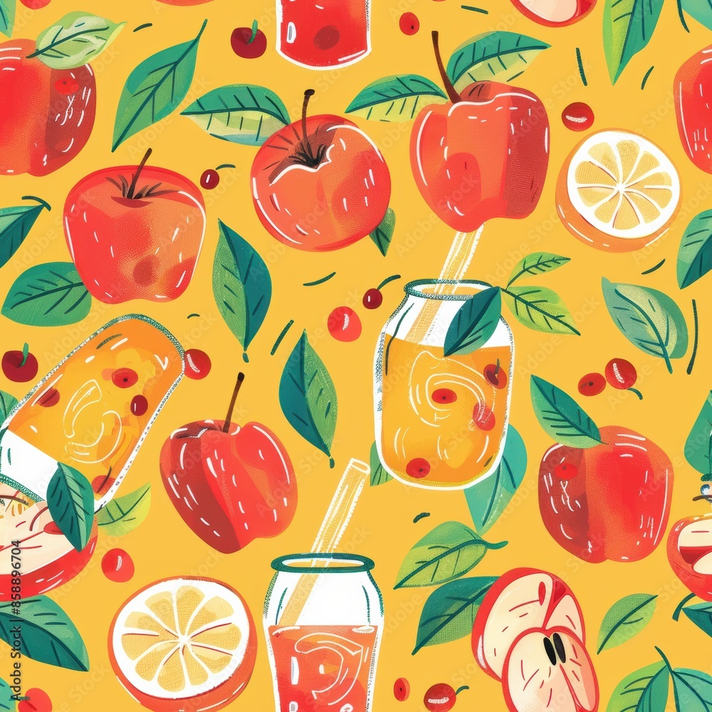 Poster this image is a vibrant and playful pattern featuring a mix of fresh fruit and beverages. the backgr