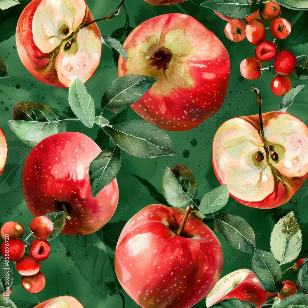 Poster this is a seamless pattern featuring watercolor illustrations of red apples and green leaves on a gr