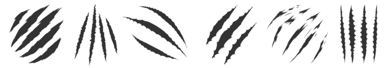 Animals claw scratches icons set. Claw scratches collection. Cat tiger scratches paw shape. Realistic illustration with black animals claw set.  Wild animals concept.Vector illustration