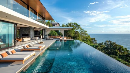 Luxury Modern Villa with Infinity Pool Overlooking the Ocean on a Sunny Day