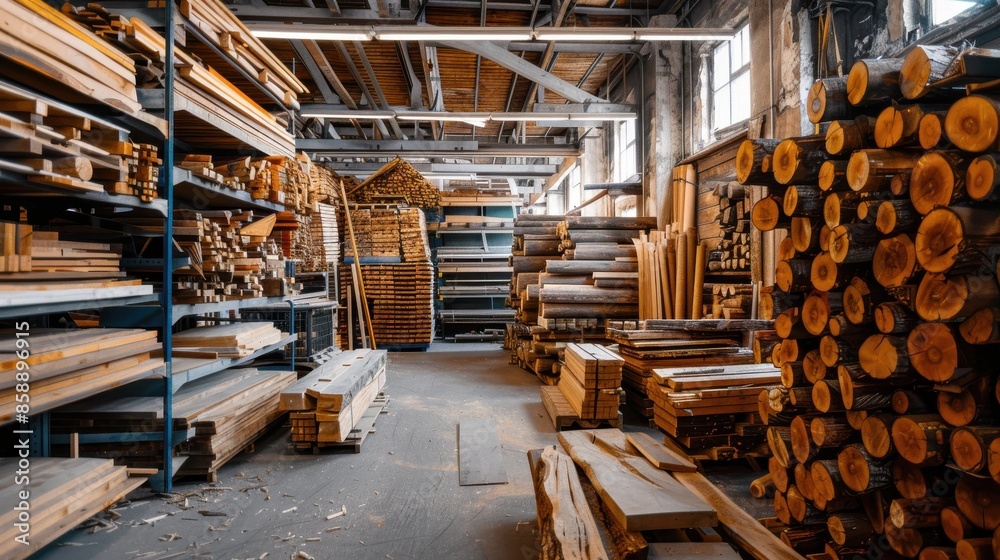 Poster a large pile of wood is stacked in a warehouse. the wood is of different sizes and shapes, and it is