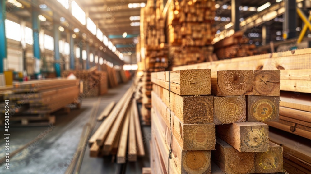 Poster a large pile of wood is stacked in a warehouse. the wood is in various sizes and shapes, and it is f