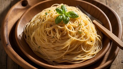 aglio e olio spaghetti in wooden plate
