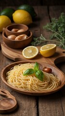 al limone spaghetti in wooden plate
