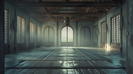 Empty traditional Japanese dojo with wooden floor and large windows.