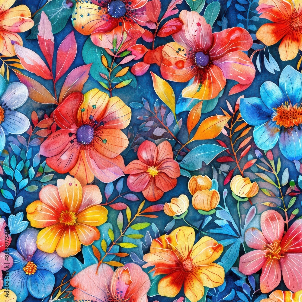 Poster this image showcases a vibrant watercolor pattern featuring a variety of colorful flowers and leaves