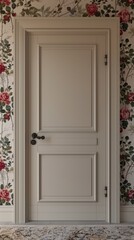 Closet door on a blank wall, minimal, simple lens, weird science themed wallpaper on the surrounding walls,