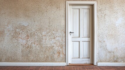 Closet door on a blank wall, minimal, simple lens, weird science themed wallpaper on the surrounding walls,