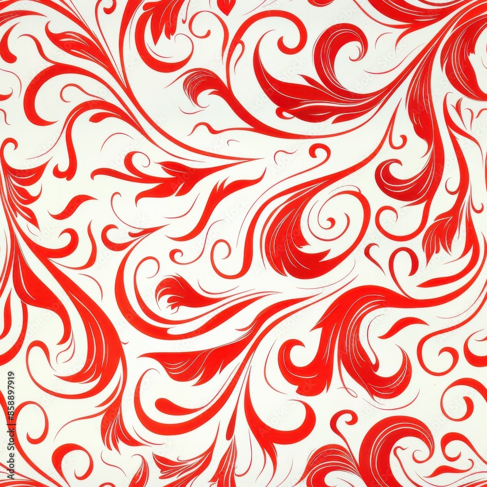 Poster This image showcases a seamless pattern of red stylized floral designs on a white background. The intricate swirls and curls create a visually appealing and decorative pattern.