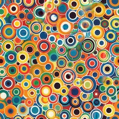 A seamless pattern design featuring an abstract arrangement of colorful circles. The circles are of various sizes and have different colors, including red, orange, yellow, green, blue, and black. The 