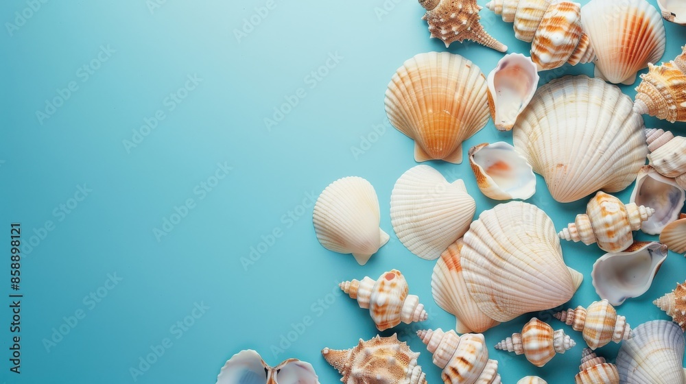 Poster This image features a collection of seashells arranged on a bright blue background. The seashells are of various shapes and sizes, including scallop shells, cone shells, and other types of shells. The