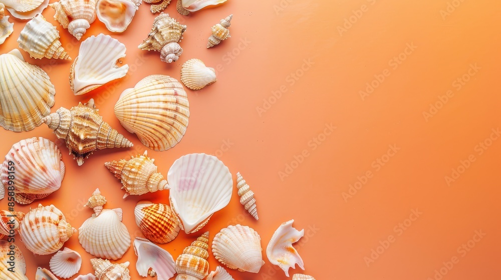 Poster An image of a variety of seashells scattered across an orange background. The shells are arranged in a diagonal line from the top left corner to the bottom right corner, leaving a large blank space on