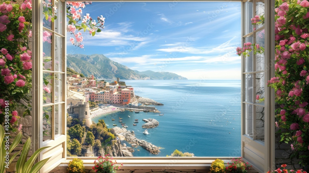 Poster a window view of a beautiful beach with a small town in the background. the water is calm and the sk