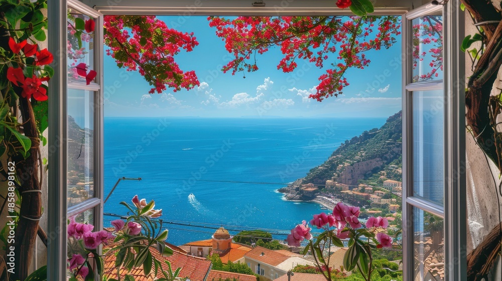 Poster a view of the ocean from a window with a boat in the water. the scene is serene and peaceful, with t