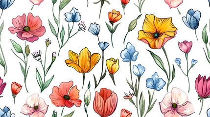 Vibrant Floral Background with Colorful Blooming Flowers in Springtime Field