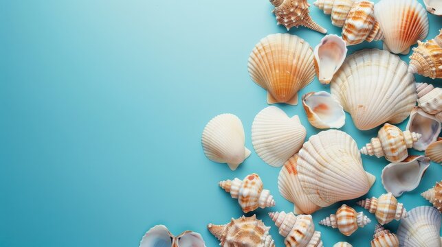 This image features a collection of seashells arranged on a bright blue background. The seashells are of various shapes and sizes, including scallop shells, cone shells, and other types of shells. The