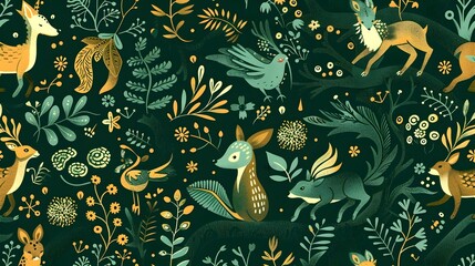 Naklejka premium Enchanting Woodland Creatures in Lush Floral Wonderland