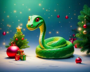 Fototapeta premium A green snake explores festive winter wonderland decorations, enjoying the holiday charm