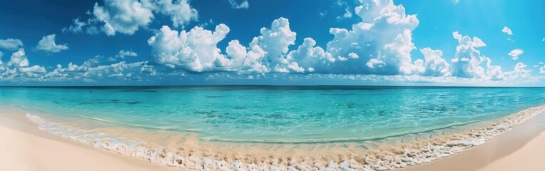 Fototapeta premium This image showcases a breathtaking view of a pristine sandy beach, with crystal clear turquoise water gently lapping at the shore. The sky is a brilliant blue, dotted with fluffy white clouds, creati