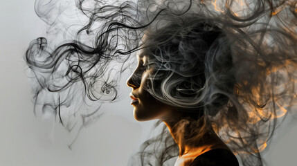 Fototapeta premium Portrait of a woman with swirling smoke enveloping her head, creating an ethereal and surreal effect.