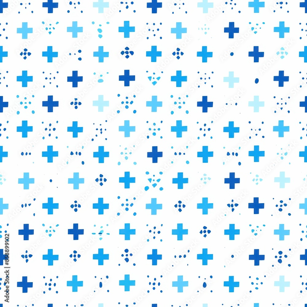 Poster This image is a digital illustration of a repeating pattern featuring blue crosses and dots on a white background. The crosses are arranged in a grid-like formation, while the dots are scattered rando