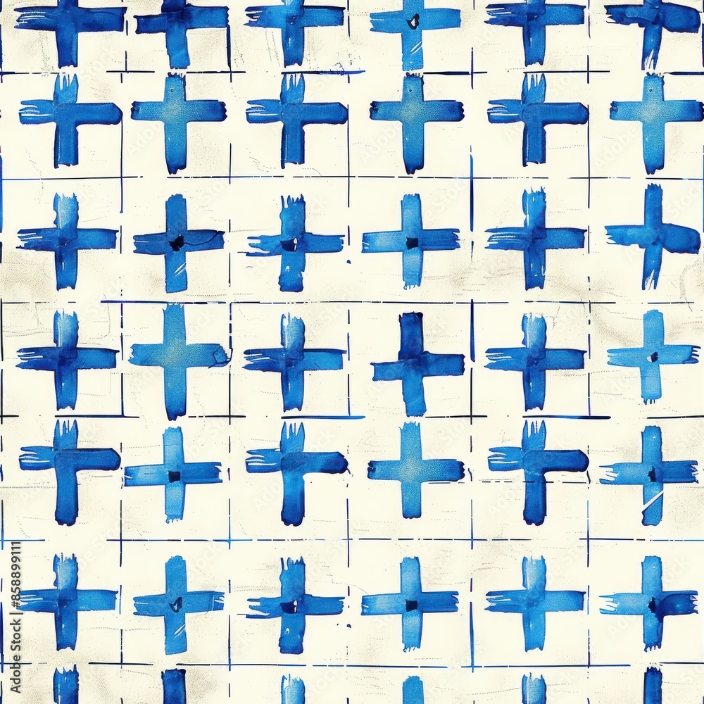 Aufkleber this image features a repeating pattern of blue watercolor plus signs on a white gridded paper backg