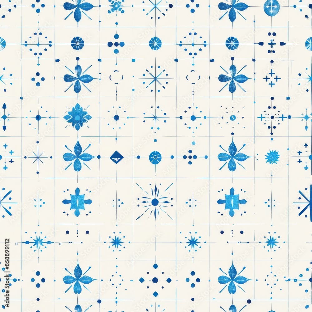 Aufkleber This image features a pattern of blue geometric shapes arranged on a gridded paper background. Each shape is unique and intricate, creating a visually appealing and complex design. The image has a ret