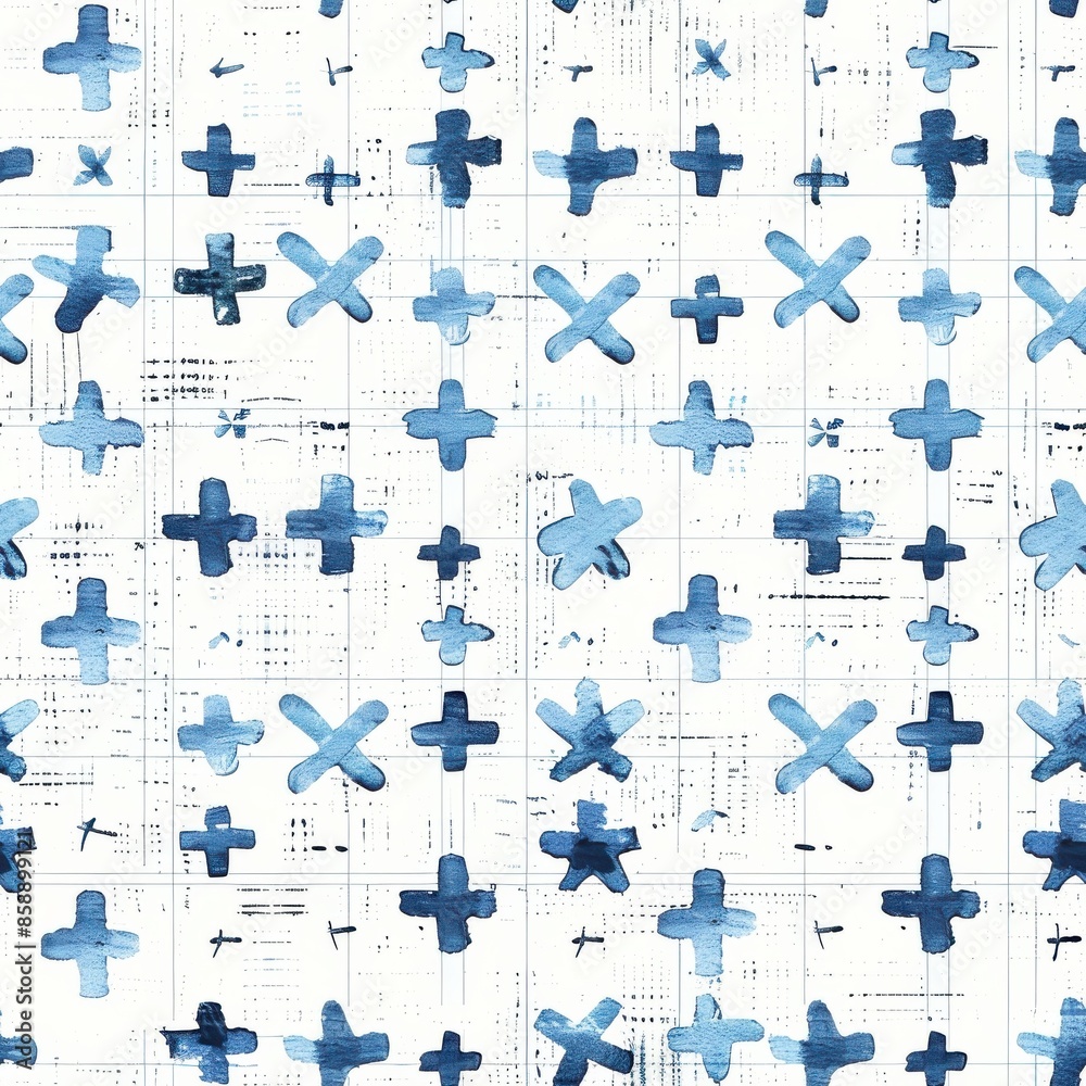 Poster this image features an abstract pattern of blue plus and x shapes on a white background. the shapes 