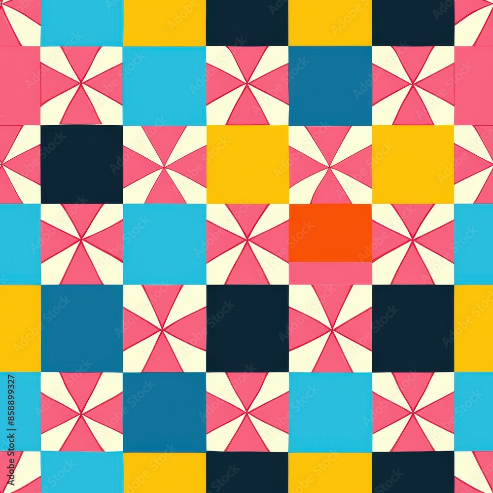 Poster this image features a repeating geometric pattern of squares with a mix of pink, yellow, blue, orang