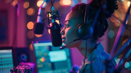 A woman broadcasting from a radio station.